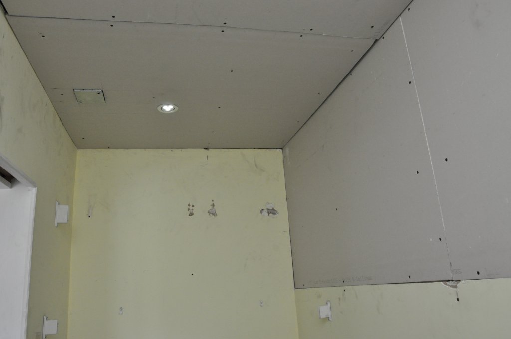 damaged section of rear wall replaced, new ceiling installed with 3W LED lights (LED drivers buried in that junction box)